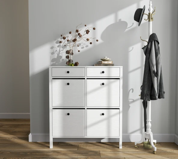 Hunerika Melora 4 kapaklı 2 çekmeceli ayakkabılık -Wood Beyaz-Minifiks Bağlantılı - 4