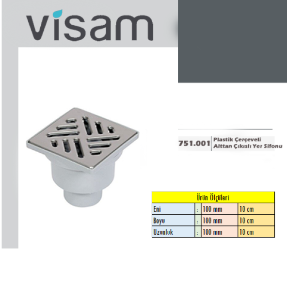 Visam Plastik Çerçeveli 10x10 cm Alttan Çıkışlı Yer Sifonu 751.001 - 2