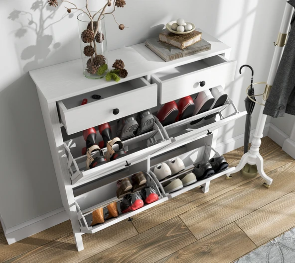 Hunerika Melora 4 kapaklı 2 çekmeceli ayakkabılık -Wood Beyaz-Minifiks Bağlantılı - 3