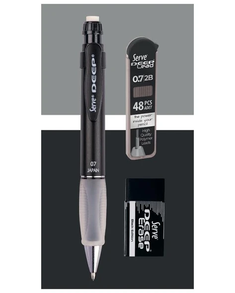 Serve Deep 3lü Okul Seti Mekanik Kurşun Kalem Silgi Yedek Uç 0.7 mm Siyah - 4