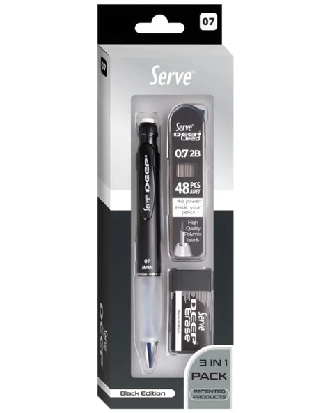 Serve Deep 3lü Okul Seti Mekanik Kurşun Kalem Silgi Yedek Uç 0.7 mm Siyah