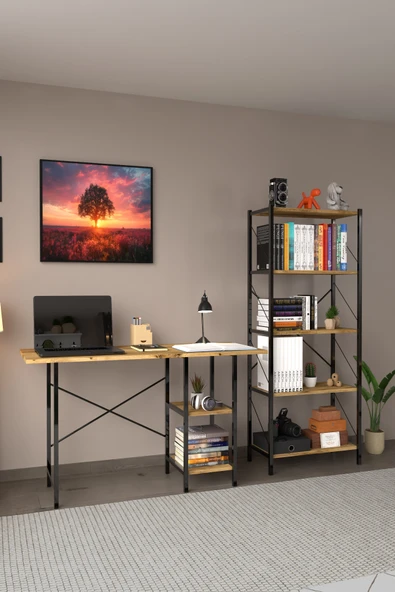 Çalışma Masası ve Kitaplık Seti Ikili Çalışma Odası Set Atlantik Çam - Resim 6