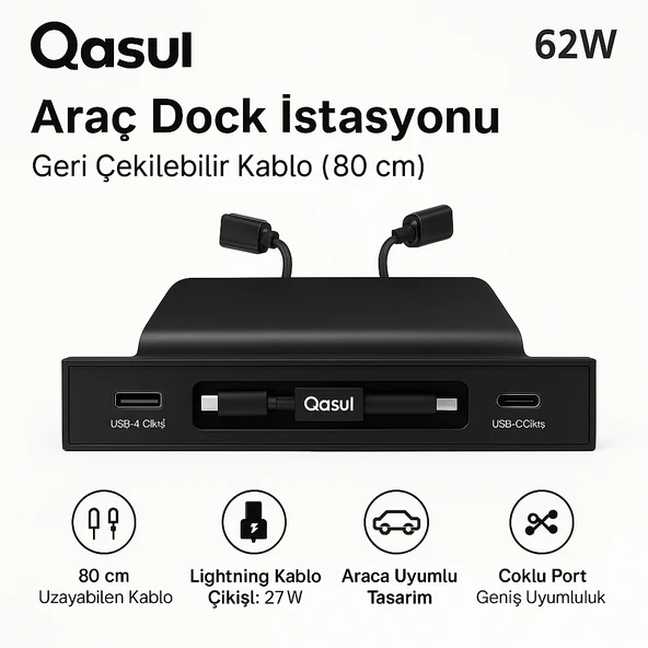 62WTesla Model 3,Y,S,X Uyumlu, USBA  USBC,80 cm Geri Çekilebilir Kablolu Araç Şarj İstasyonu