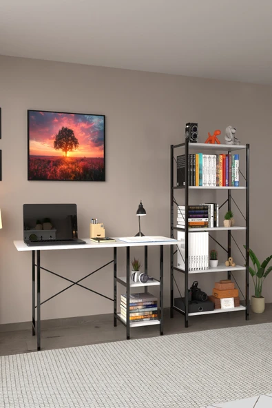 Çalışma Masası ve Kitaplık Seti Ikili Çalışma Odası Set Beyaz ürün görseli