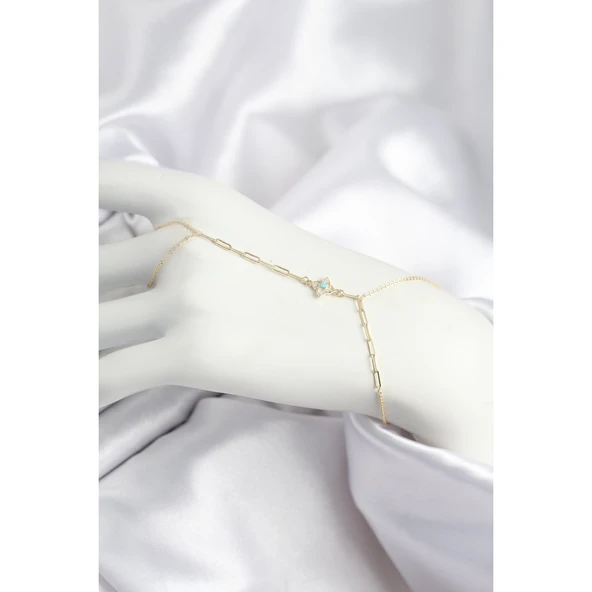 Pirinç Zirkon Taşlı Mavi Boncuklu Yonca Model Gold Renk Şahmeran