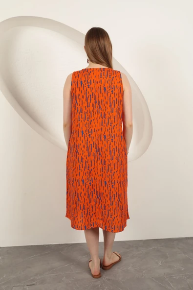 Viskon Kumaş Desenli Elbise-Oranj - Resim 2