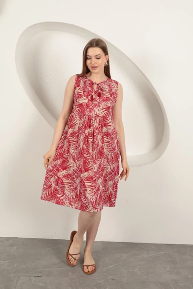 Viskon Kumaş Palmiye Desen Elbise-Kırmızı ürün görseli