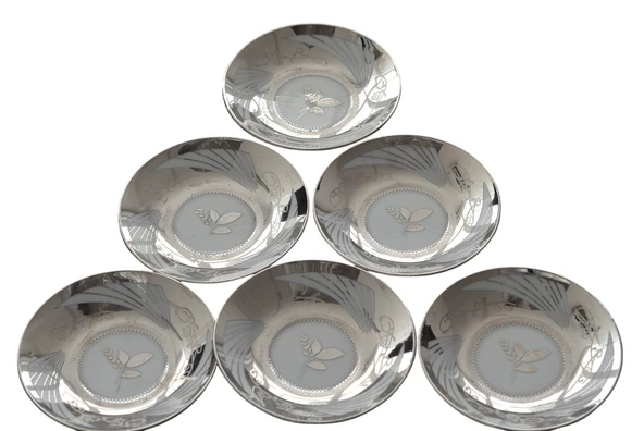 Boya Defolu Porselen 6 Kişilik Gümüş Renkli Yaldızlı Yaprak Desenli Çay Tabağı - 2