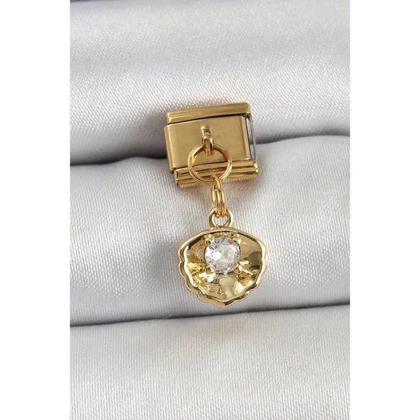 316L Çelik Sallantılı Zirkon Taşlı İstiridye Model Gold Renk Nomination Charm