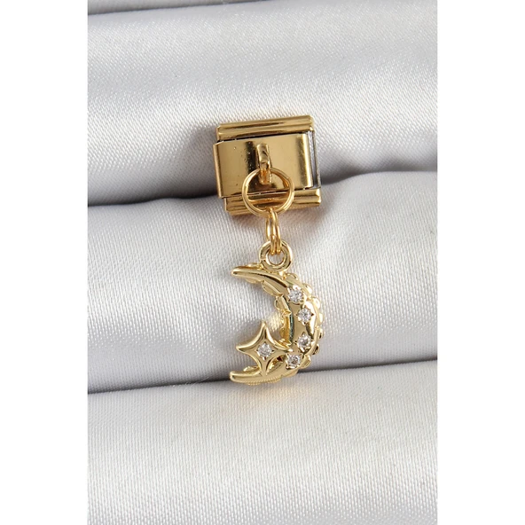 316L Çelik Sallantılı Zirkon Taşlı Ay Model Gold Renk Nomination Charm