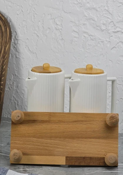 Porselen Yağdanlık Seti - Ahşap Stantlı 2x600 ML - Resim 4