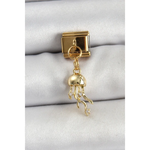 316L Çelik Sallantılı Zirkon Taşlı Deniz Anası Model Gold Renk Nomination Charm