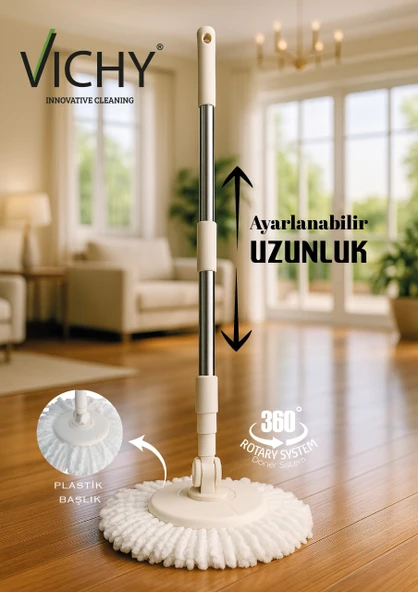 VICHY Mop Sap Seti  (Ayarlanabilir Alüminyum Sap-Plastik Mop Başlığı,Mikrofiber Bez)  3lü Set VCH-6682 ürün görseli