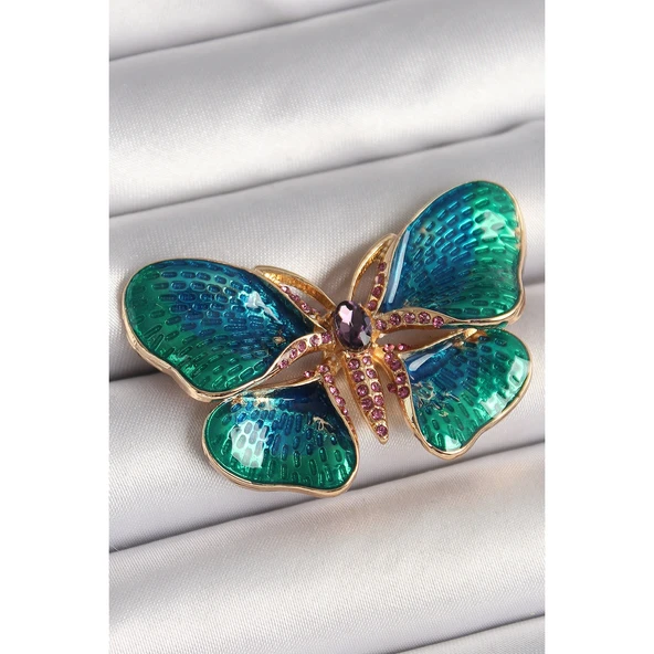 Pirinç Gold Renk Turquaz Model Zirkon Taş Detaylı Kelebek Model Kadın Broş