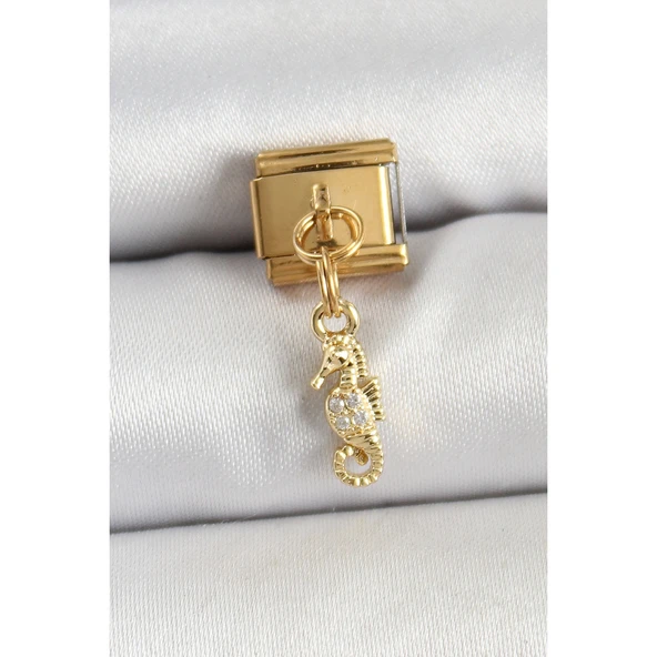 316L Çelik Sallantılı Zirkon Taşlı Çiçek Model Gold Renk Nomination Charm