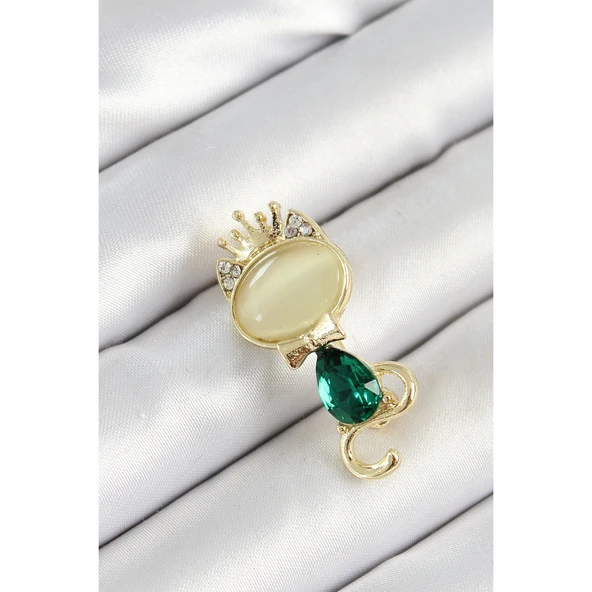 Yeşil Damla Zirkon Taşlı Kraliçe Taçlı Kedi Figürlü Gold Renk Kadın Broş