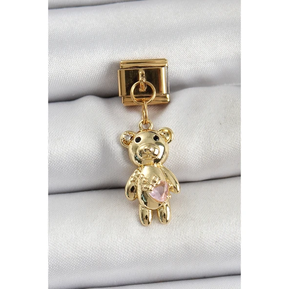 316L Çelik Sallantılı Zirkon Taşlı Ayıcık Model Gold Renk Nomination Charm