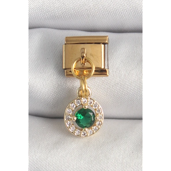 Gold Renk 316 L Çelik  Sallantı Yeşil Zirkon Taşlı Nomination Charm