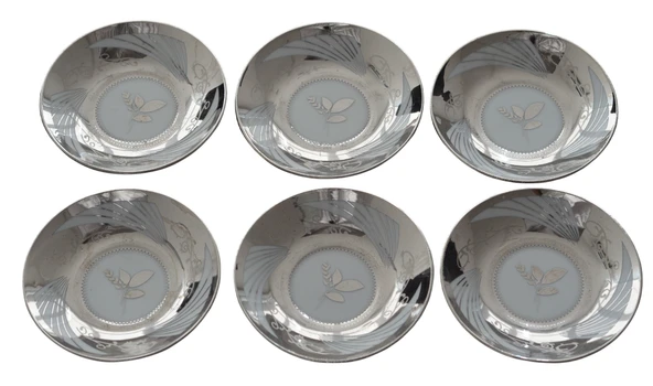 Boya Defolu Porselen 6 Kişilik Gümüş Renkli Yaldızlı Yaprak Desenli Çay Tabağı