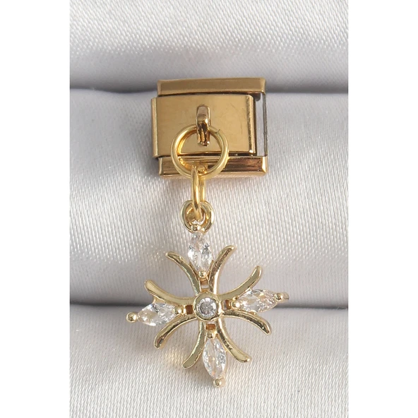 Gold Renk 316 L Çelik  Sallantı Zirkon Taşlı Kar Tanesi Model Nomination Charm