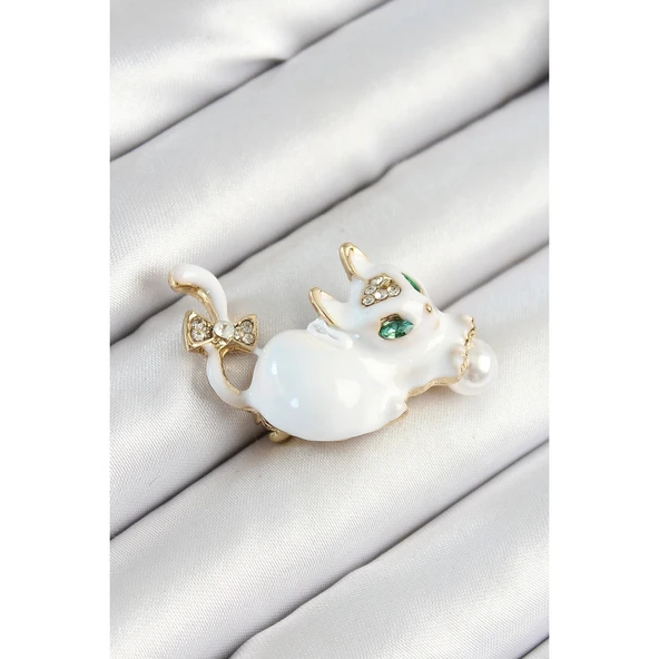 Zirkon Taşlı İnci Detaylı Beyaz 3D Kedi Figürlü Gold Renk Kadın Broş