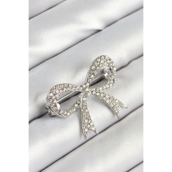 Üzeri Zirkon Taşlı Fiyonk Figürlü Gümüş Renk Kadın Broş