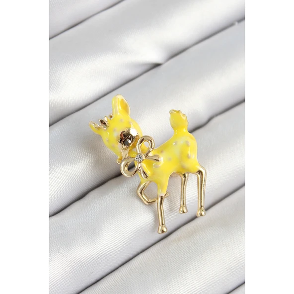 Zirkon Taşlı Fiyonk Detaylı 3D Sarı Ceylan Figürlü Gold Renk Kadın Broş