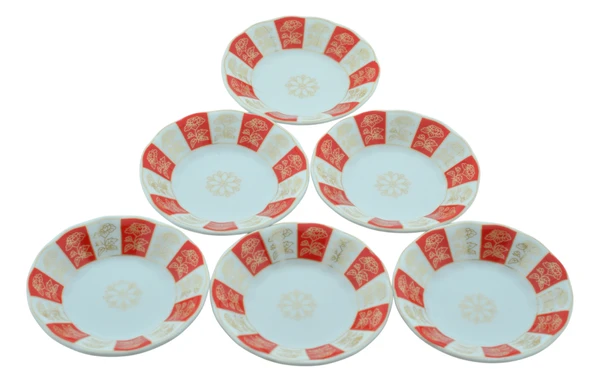 Porselen 6 Kişilik Çiçek Desenli Kırmızı Beyaz Tabağı - 3