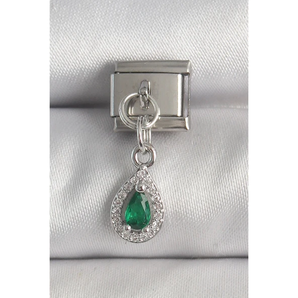 316L Çelik Gümüş Renk Sallantı Yeşil Zirkon Taşlı Damla Model Nomination Charm