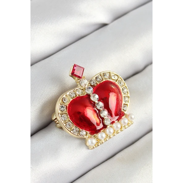 Zirkon Taşlı İnci Detaylı Kırmızı 3D Kraliçe Taç Figürlü Gold Renk Kadın Broş