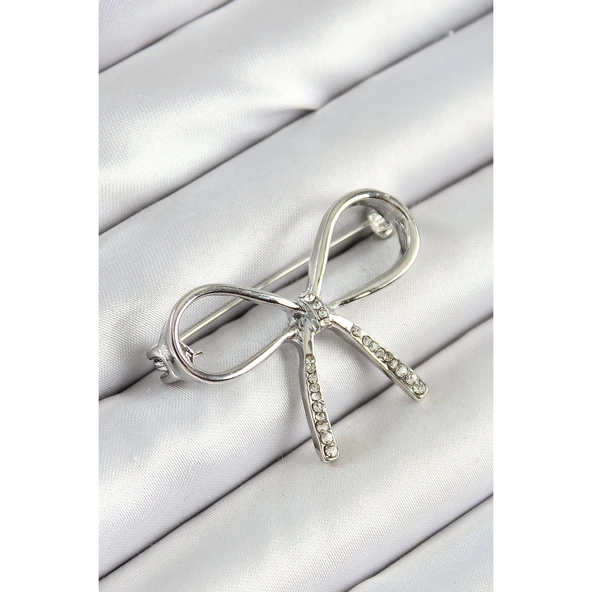 Zirkon Taş Detaylı Fiyonk Figürlü Gümüş Renk Kadın Broş