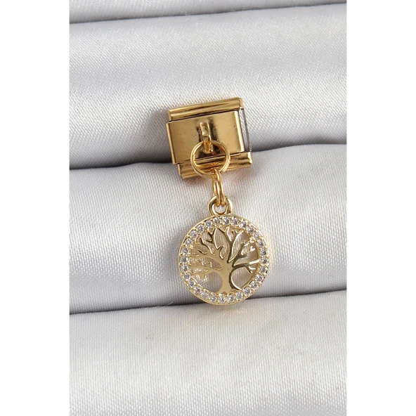 316L Çelik Sallantılı Zirkon Taşlı Hayat Ağacı Model Gold Renk Nomination Charm