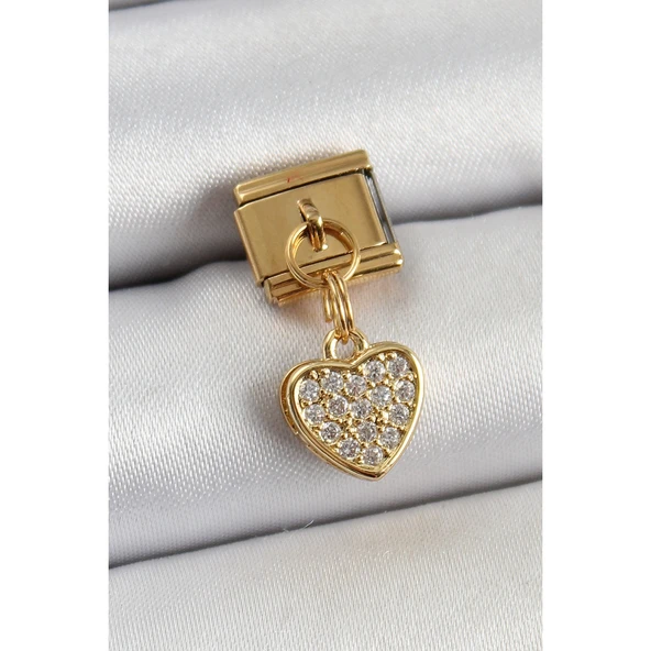 316L Çelik Sallantılı Zirkon Taşlı Kalp Model Gold Renk Nomination Charm