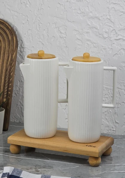 Porselen Yağdanlık Seti - Ahşap Stantlı 2x600 ML ürün görseli
