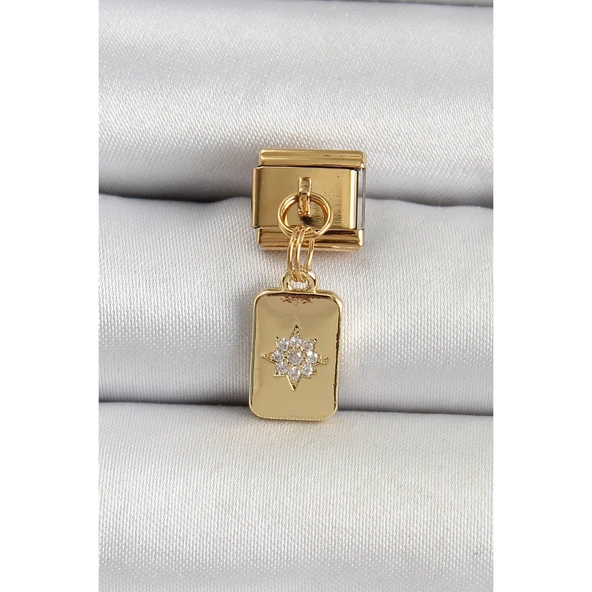 316L Çelik Sallantılı Zirkon Taşlı Kutup Yıldızı Figürlü Dikdörtgen Model Gold Renk Nomination Charm