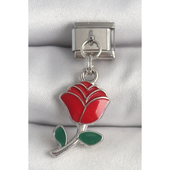 316L Çelik Gümüş Renk Sallantı Kırmızı Gül Model Nomination Charm