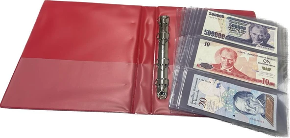 Teksöz-1300-K-Standart Albüm Para-20 Adet 3 Bölmeli Şeffaf Sayfalı- Sırt Kalınlığı 5cm Kırmızı Renk - 3
