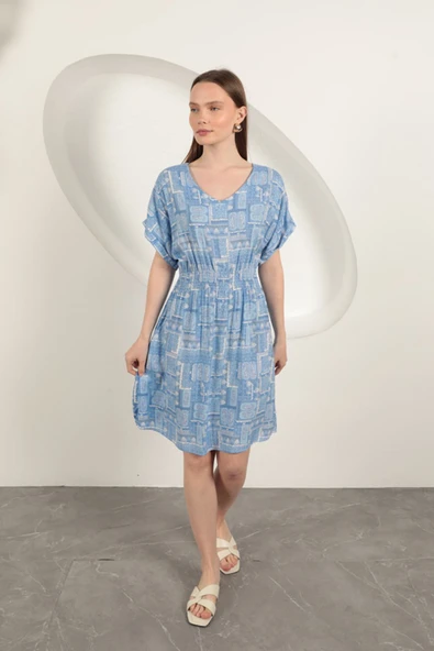 Viskon Kumaş Gipeli Elbise-Mavi ürün görseli