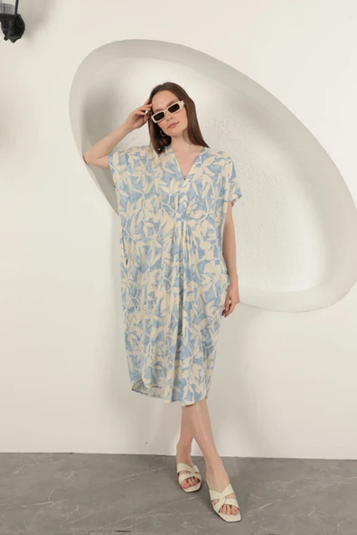 Viskon Kumaş Desenli Elbise-Mavi ürün görseli