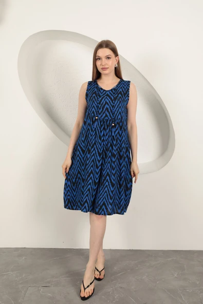 Viskon Kumaş Çizgili Elbise-Saks ürün görseli