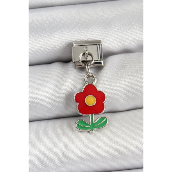 316L Çelik Sallantılı Kırmızı Papatya Model Gümüş Renk Nomination Charm