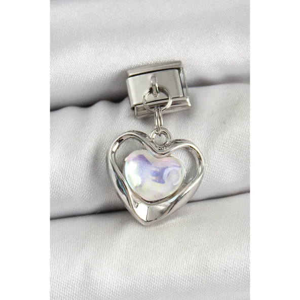 316L Çelik Sallantılı Zirkon Taşlı Kalp Model Gümüş Renk Nomination Charm