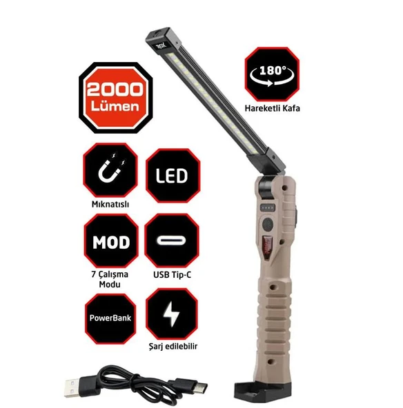 Rox 0221 Şarjlı Katlanır Çok Amaçlı Çalışma Feneri 2000 Lümen ürün görseli