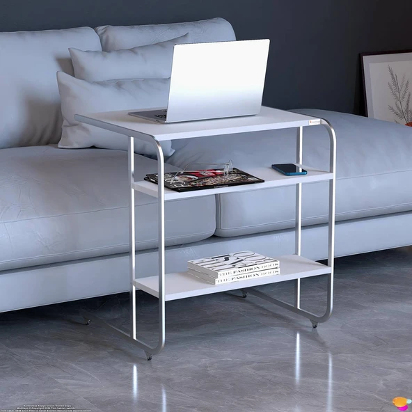 Modilayn C Yan Sehpa Geniş Boy Tekerlekli Çalışma, Atıştırmalık, Yemek, Laptop Sehpası Beyaz - 2