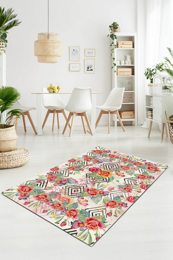 elleser Dekoratif Yıkanabilir Kaymaz Tabanlı Yazlık Kilim Salon Halısı