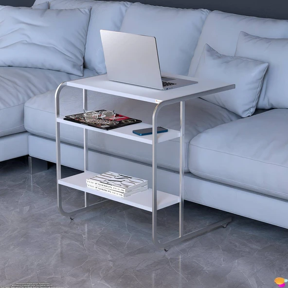 Modilayn C Yan Sehpa Geniş Boy Tekerlekli Çalışma, Atıştırmalık, Yemek, Laptop Sehpası Beyaz - 5