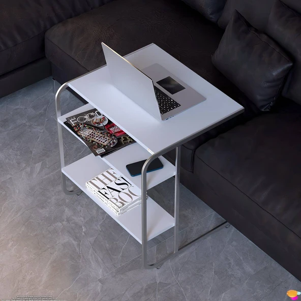 Modilayn C Yan Sehpa Geniş Boy Tekerlekli Çalışma, Atıştırmalık, Yemek, Laptop Sehpası Beyaz - 6