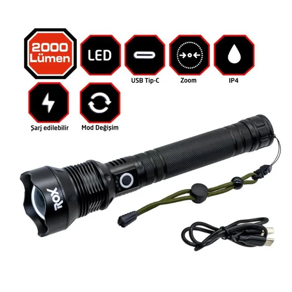 Rox 0212 Şarjlı Led El Feneri 2000 Lümen ürün görseli