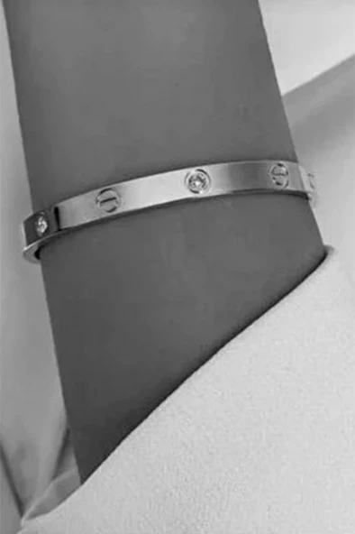 Taşlı Gümüş Çelik Bileklik - 6