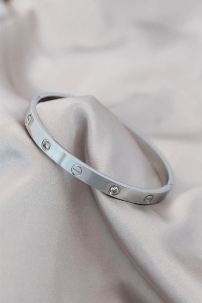 Taşlı Gümüş Çelik Bileklik - 5